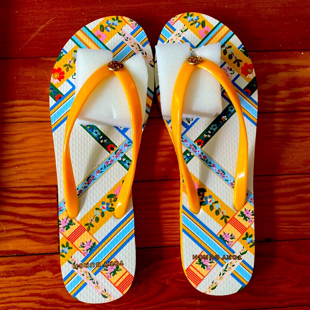 Tory Burch Yellow & White Garden Flip Flops